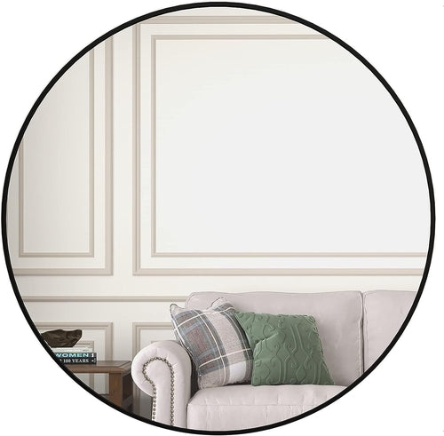 39 Inch Black Metal Framed Round Bathroom Mirror for Wall.