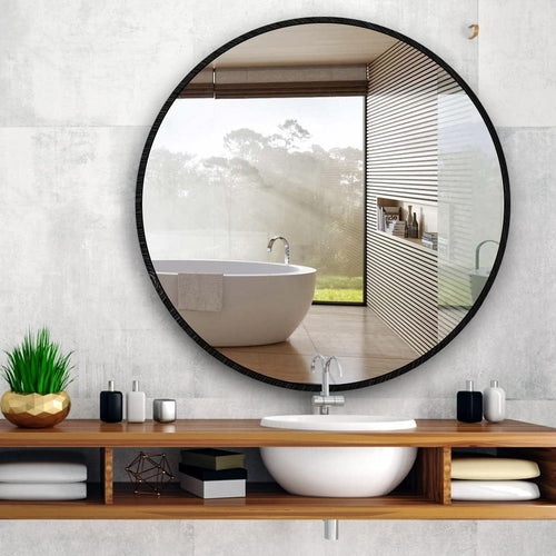 39 Inch Black Metal Framed Round Bathroom Mirror for Wall.