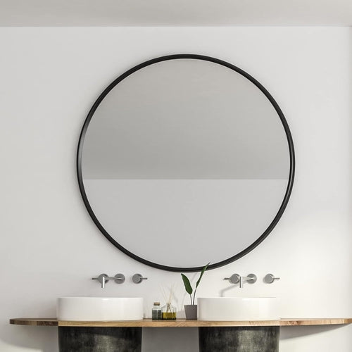 39 Inch Black Metal Framed Round Bathroom Mirror for Wall.