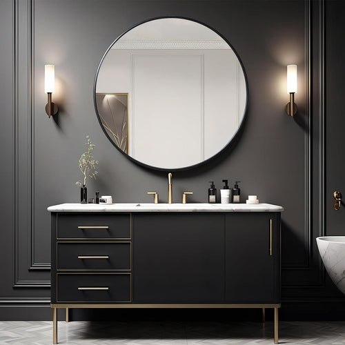 39 Inch Black Metal Framed Round Bathroom Mirror for Wall.