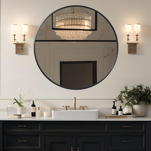 39 Inch Black Metal Framed Round Bathroom Mirror for Wall.